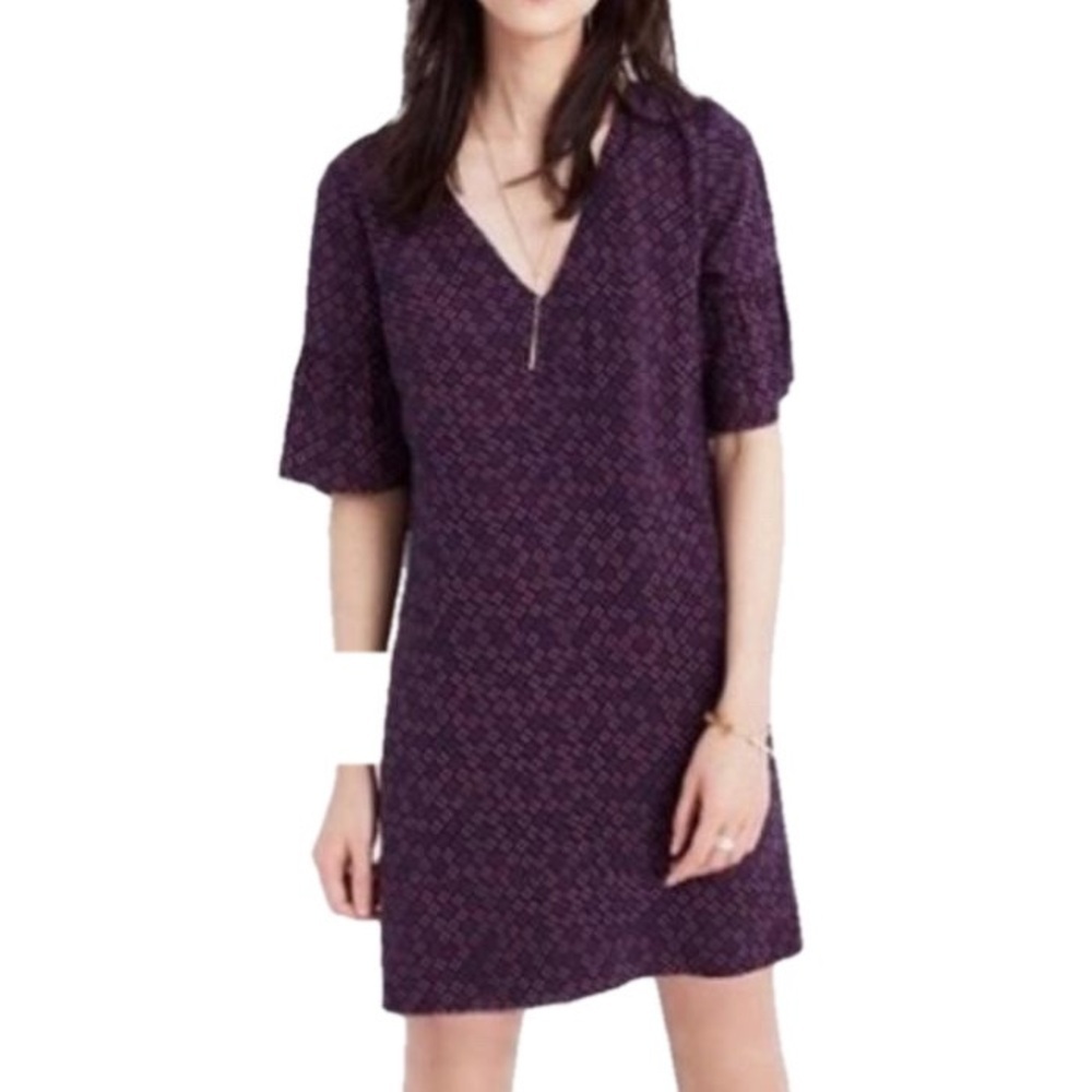 Madewell Painted Clover Silk Short Bell Sleeve Dress Size 6 Purple